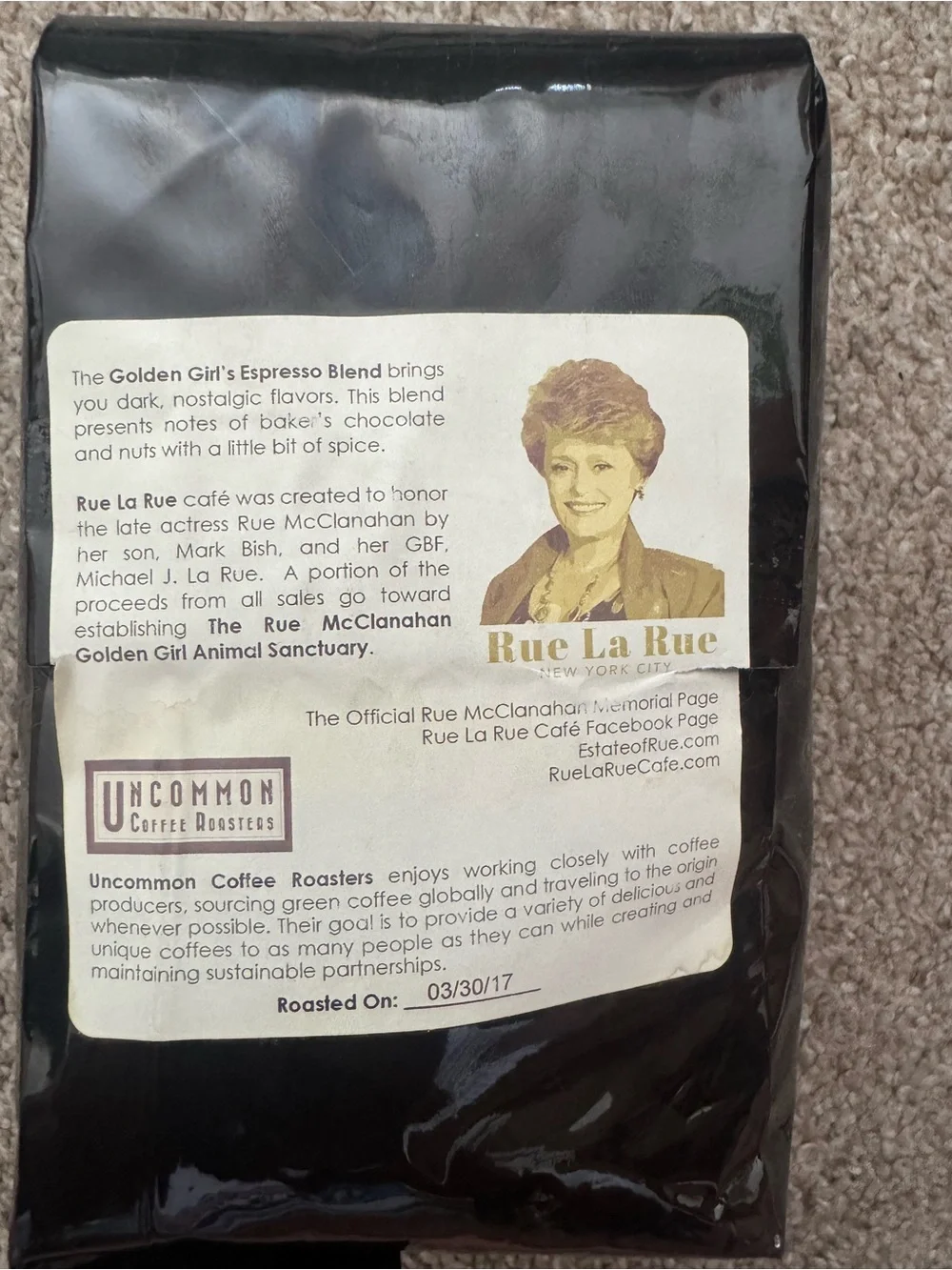 Specialized Black and Gold Rue La Rue Golden Girl's Espresso Blend Coffee Bag